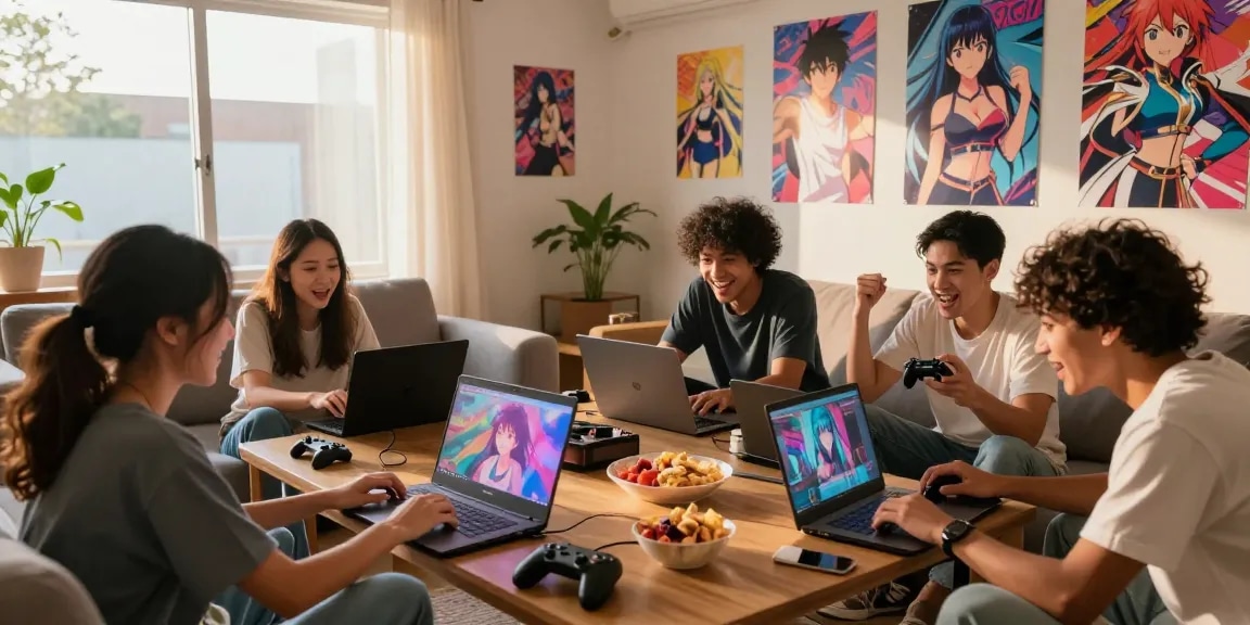 Friends engaging in a fun hentai game session with vibrant game decor.