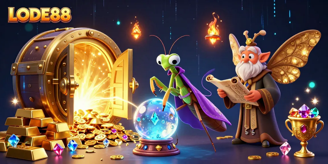 Engage in winning strategies with LODE88 in this vibrant casino fantasy illustration.