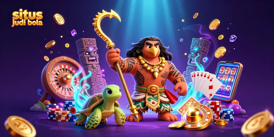 Engage in situs judi bola thrills with vibrant 3D scene featuring casino elements and characters.