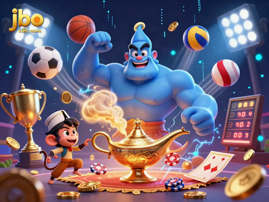 Engage in the thrilling world of jbo việt nam with a vibrant scene showcasing a genie, monkey, and dynamic sports elements.