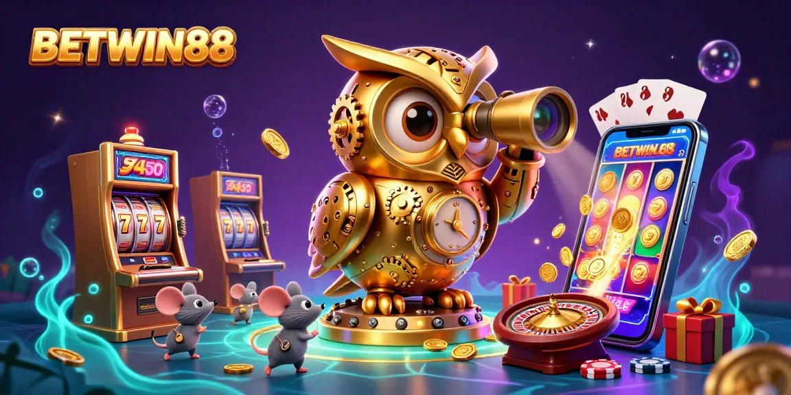 Experience the excitement of BETWIN88 with an ultra-detailed 3D scene featuring a golden owl and vibrant slot elements.