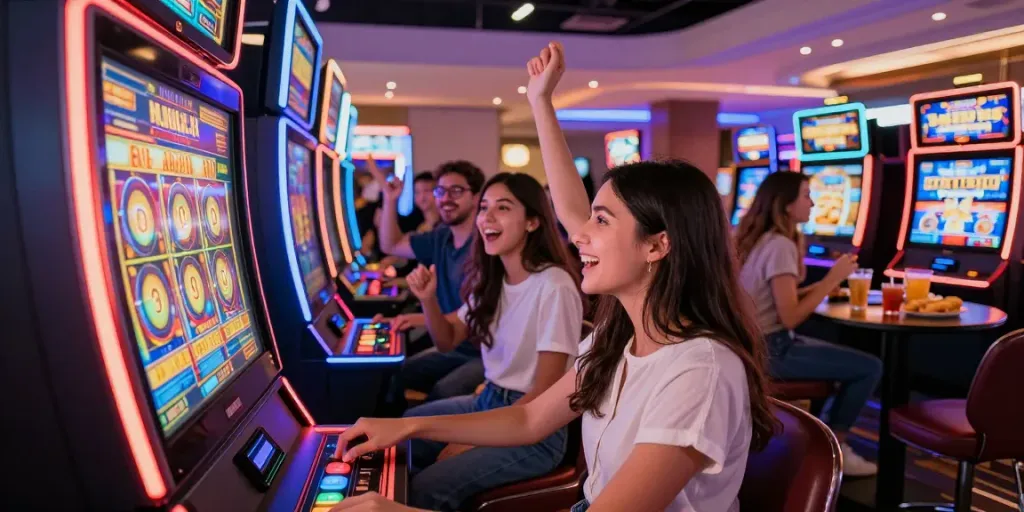 Dynamic slot gaming scene with players celebrating a jackpot win, showcasing excitement and community.