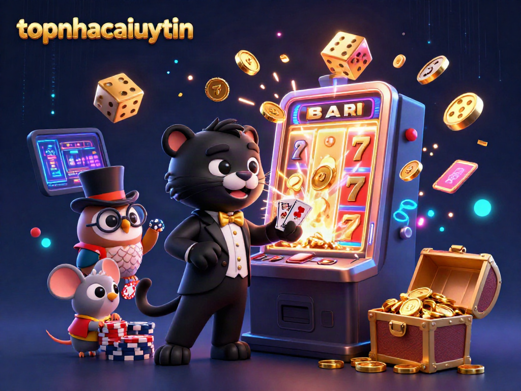 Engage with topnhacaiuytin through an animated scene of a stylish panther and friends in a buzzing casino, showcasing cards, jackpots, and more.
