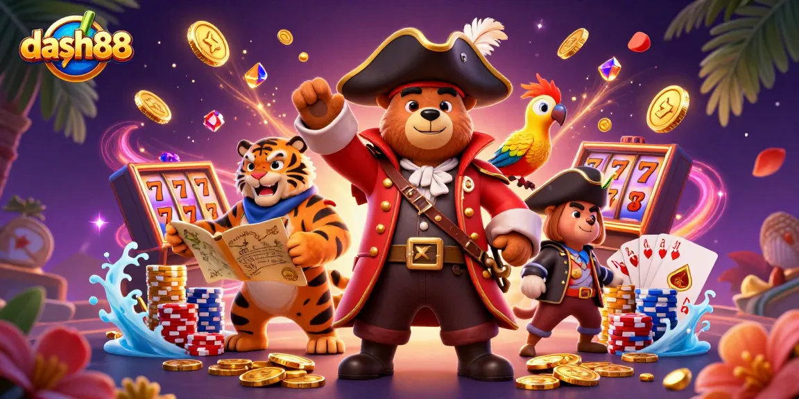 DASH88 showcases thrilling slot action with pirate captain bear, vibrant casino elements, and gems.