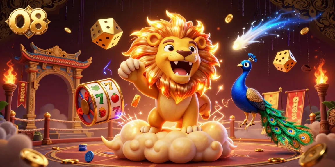 Experience the thrilling essence of O8 with dynamic slots and a roaring lion amid dazzling casino elements.