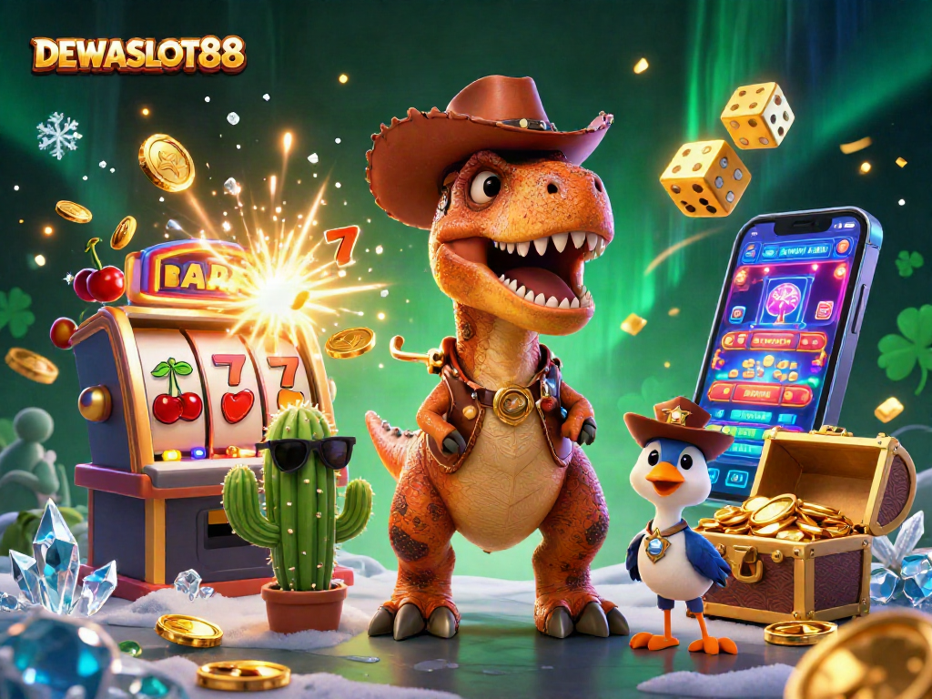 Play DEWASLOT88 with a cartoon cowboy T-Rex and friends winning jackpots in a vibrant casino scene