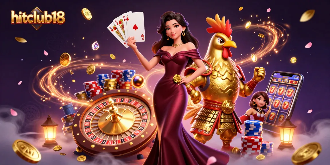 Join the fun at hitclub18 with a glamorous woman and a golden rooster warrior amidst sparkling casino elements.