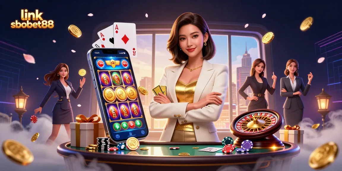 Experience the thrill of link sbobet88 with a glamorous Asian woman holding playing cards amidst dazzling casino elements.