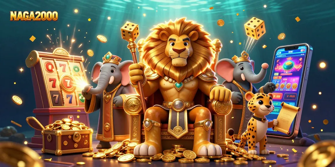 NAGA2000 menampilkan suasana kasino yang penuh warna dengan raja singa, penasihat gajah, dan utusan cheetah.