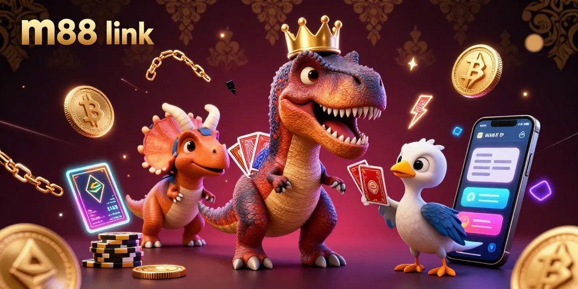Engage with exciting m88 link moments in a vibrant 3D cartoon scene of casino fun and card games.