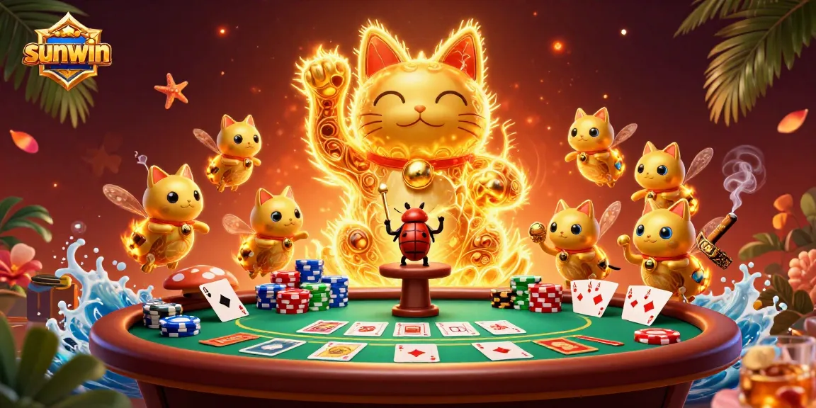 Experience excitement at sunwin with a dynamic casino scene featuring a lucky cat and vibrant poker elements.