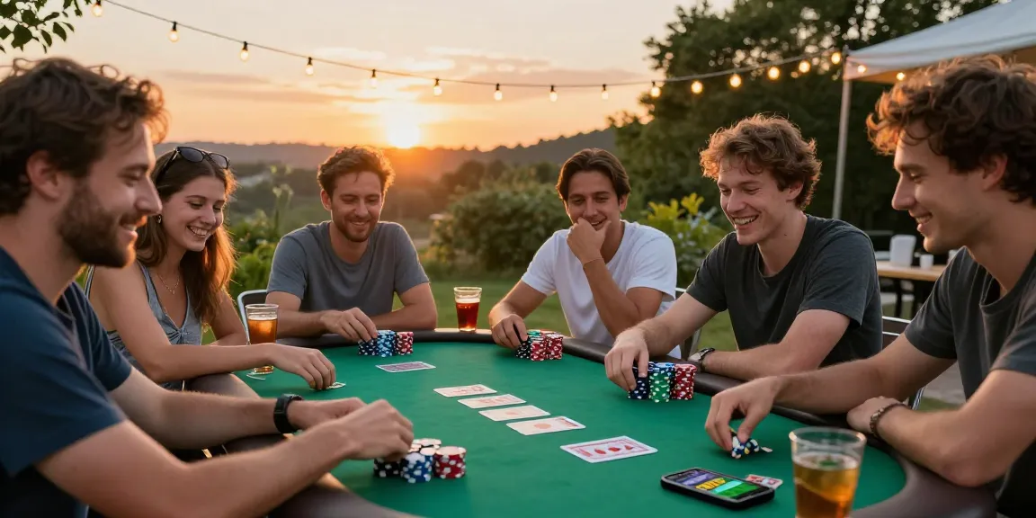 Play games with friends outdoors using the Poker Game app in a lively sunset setting.