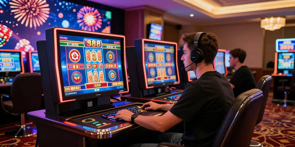 Player engaged in a slot888 game at a vibrant virtual casino, emphasizing immersive online gambling experience.