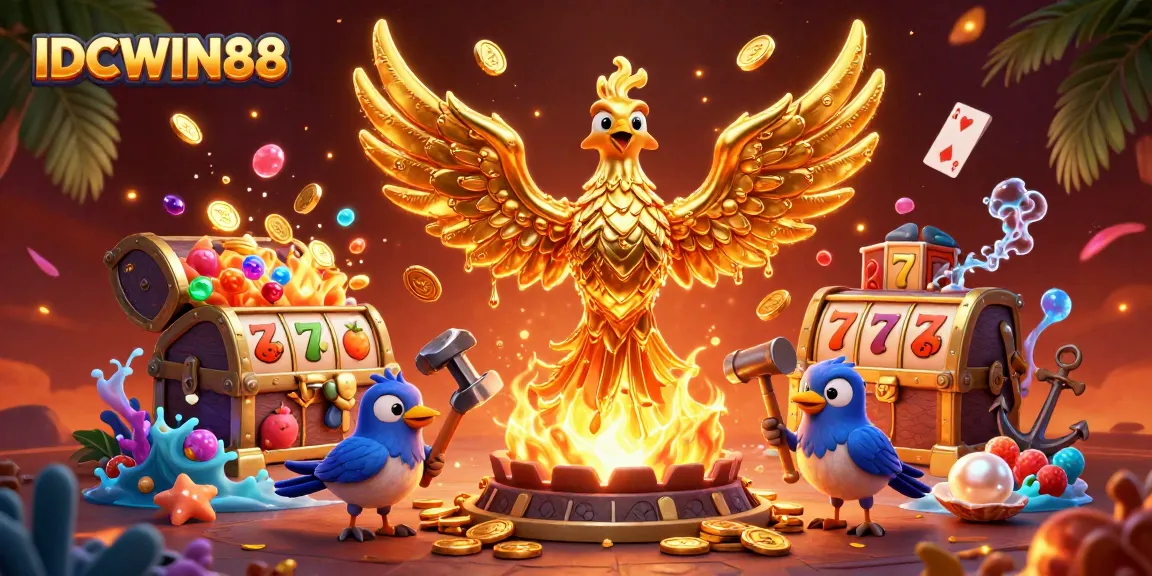 Experience IDCWIN88's dynamic slots with a golden phoenix and vibrant game elements.