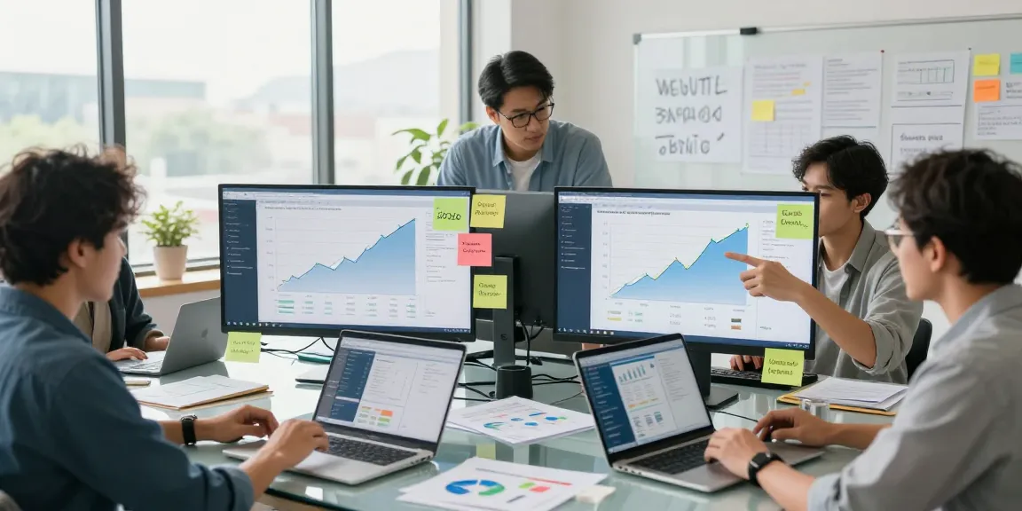 Marketers analyzing data growth relating to the list of newly registered domains in a modern office.