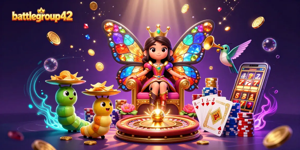 Engage with battlegroup42's vibrant casino scene featuring a butterfly queen, golden chips, and dynamic game elements.