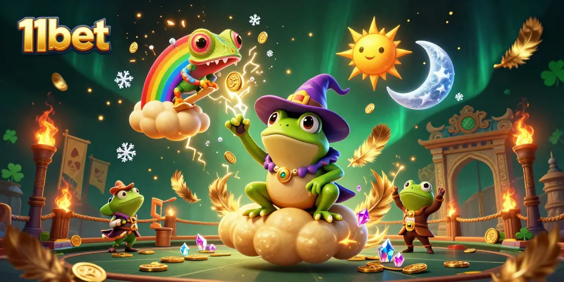 Engage with 11bet's vibrant world, as a wizard frog conjures riches amidst gambling excitement.