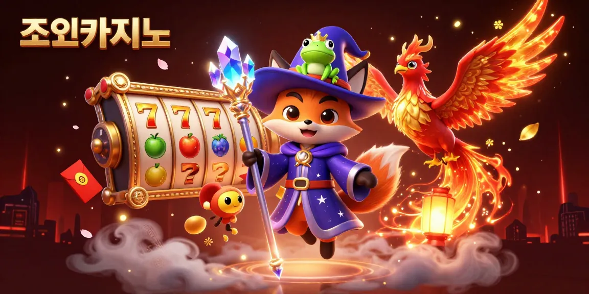 Action-packed illustration of 조이카지노 with a wizard fox, phoenix, slot reels, and gold symbols.
