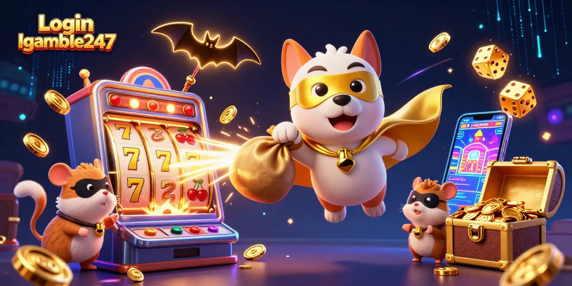 Join the fun with Login Igamble247 as a superhero dog flies with gold coins and slot games!