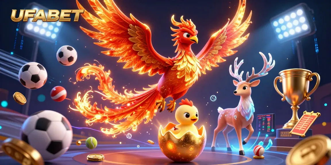 Bet on exciting games with UFABET featuring a vibrant 3D phoenix and sports elements.