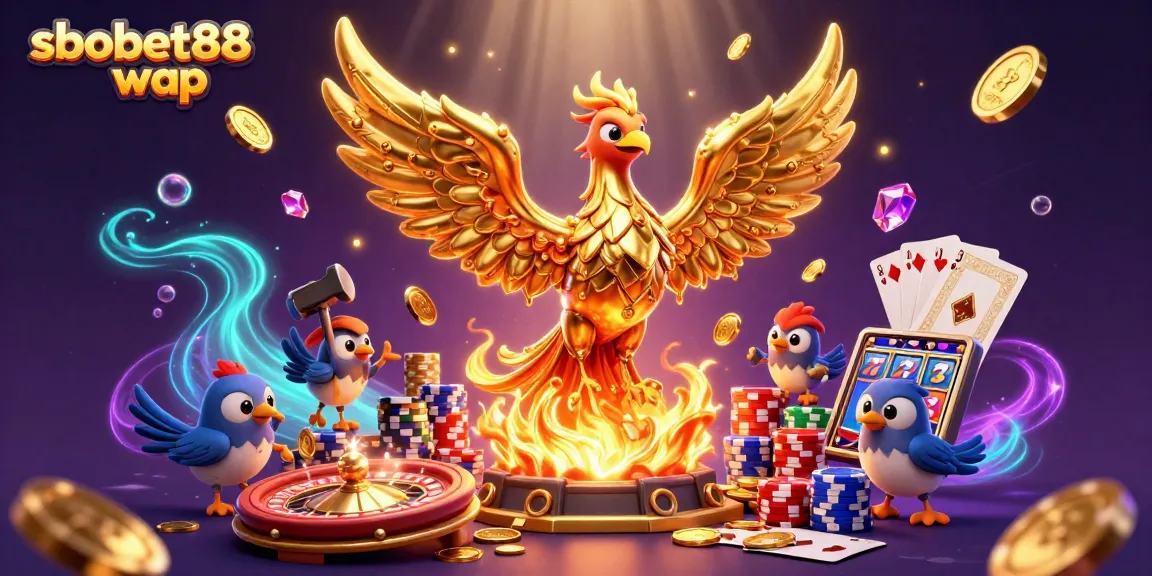 Experience the thrill of sbobet88 wap betting with dynamic golden phoenixes and casino elements.