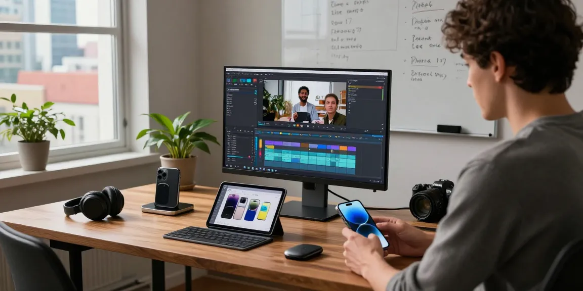 Person reviewing the innovative iPhone 17 features in a modern tech workspace, surrounded by gadgets and creative tools.