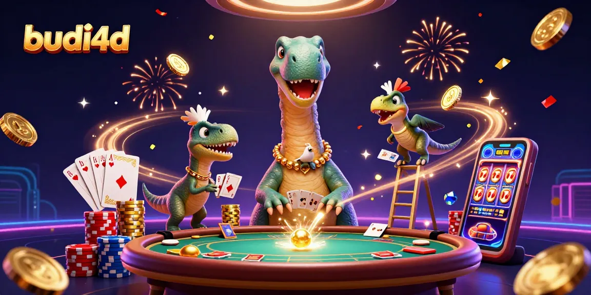 Budi4d showcases a vibrant 3D cartoon casino scene featuring a tall brontosaurus, raptor dealer, and dynamic game elements.