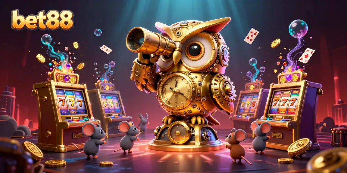 Experience excitement at bet88 with a dynamic casino scene featuring an animated owl and charming mice.