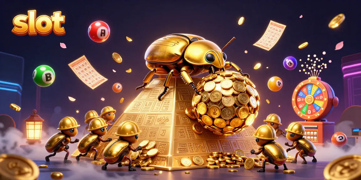 Spin and win with slot-themed elements in a vibrant 3D illustration featuring golden beetles.