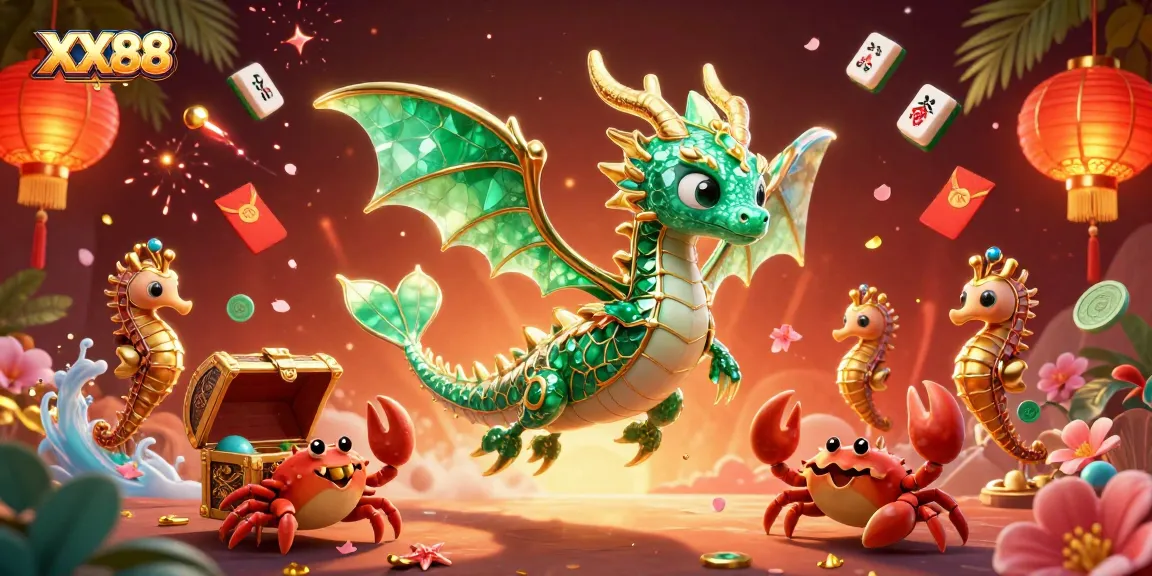 Win big at XX88 with vibrant gambling-themed 3D illustration showcasing sea dragon, treasure, and festive elements.
