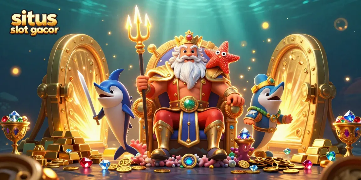 Experience the excitement of situs slot gacor with Neptune and treasure elements in a vibrant casino scene.