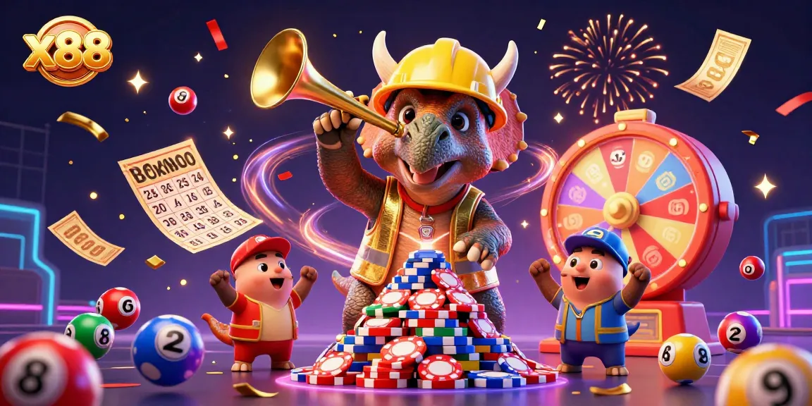 x88 celebrates big wins with 3D animated characters building poker chip pyramids and colorful games.