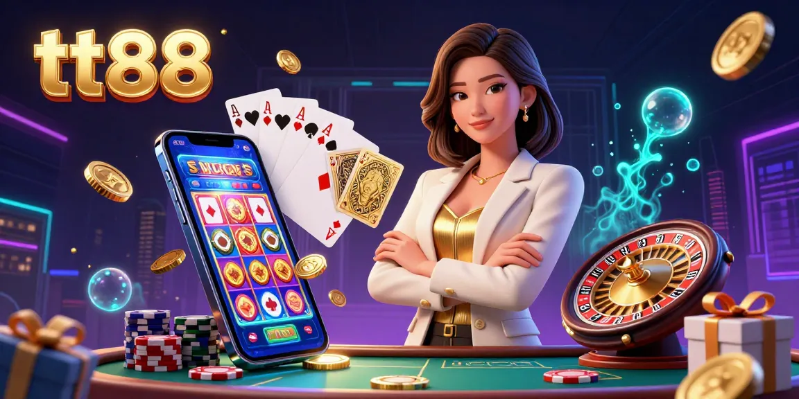 Engage with winning strategies at tt88 casino, showcasing an elegant woman with golden cards in a vibrant 3D gambling scene.