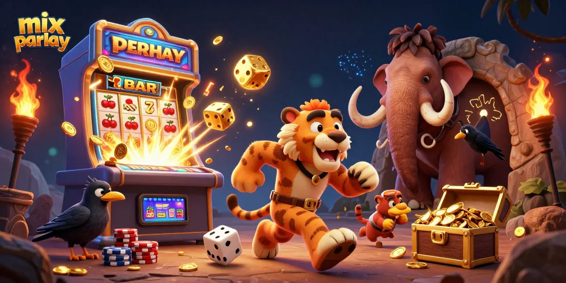 Experience mix parlay excitement in a prehistoric casino with a caveman duo and exciting game elements.