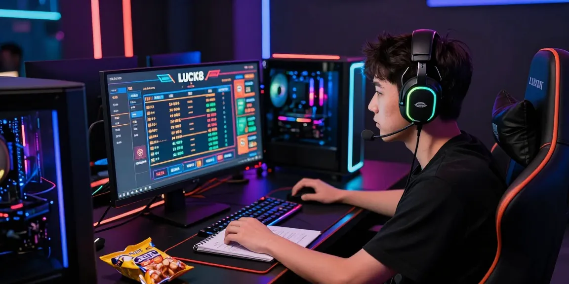 Gamer in immersive LUCK8 betting environment with multiple screens.