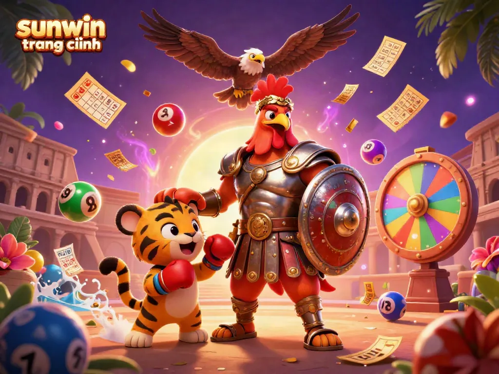 Experience the vibrant world of sunwin trang chính as the gladiator rooster and tiger cub engage in playful combat, surrounded by colorful lottery elements.