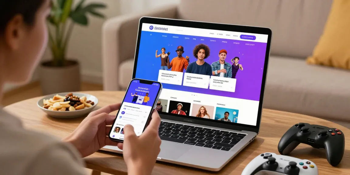 Pengguna menjelajahi portal hiburan digital 91dewa di smartphone dan laptop dalam suasana nyaman.