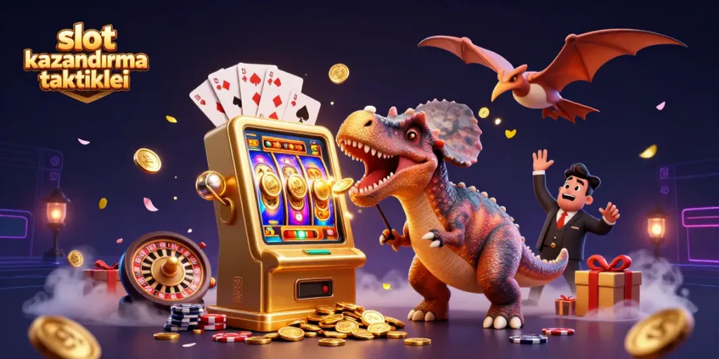 Engaging scene of slot kazanma taktikleri with a dinosaur winning jackpot coins from a slot machine
