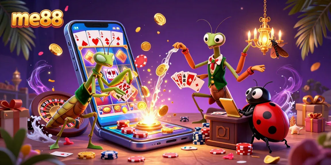 Experience excitement at me88 with a giant praying mantis card sharp and vibrant casino elements.