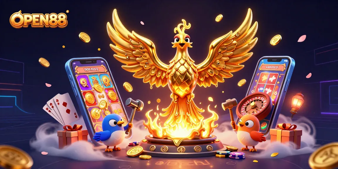 Experience the excitement of OPEN88 as a golden phoenix emerges with coins, surrounded by vibrant casino elements and game action.