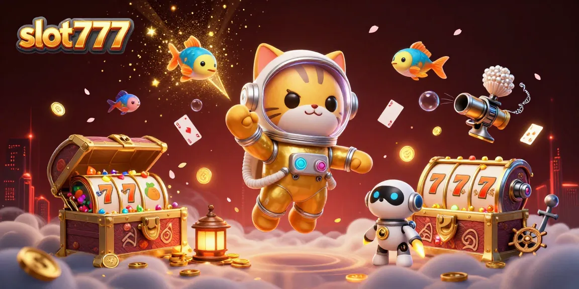 Spin the reels on slot777 with this vibrant 3D cosmic scene featuring gambling elements and fun characters.