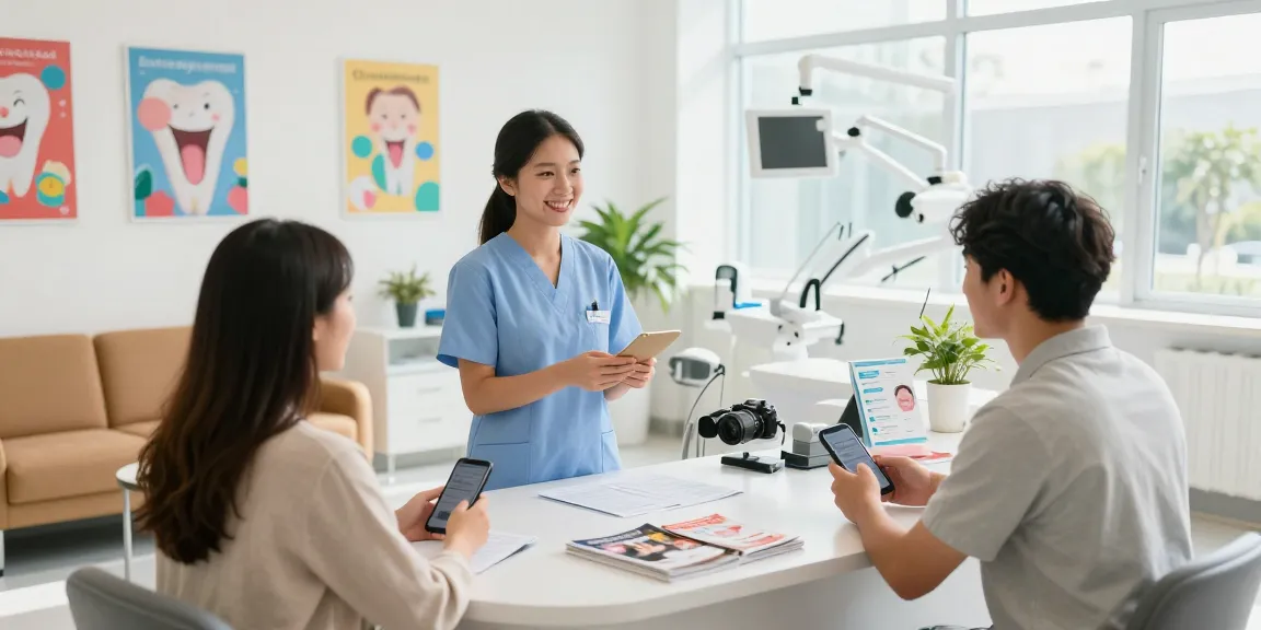 Our site features a friendly dental clinic reception welcoming patients for appointments.