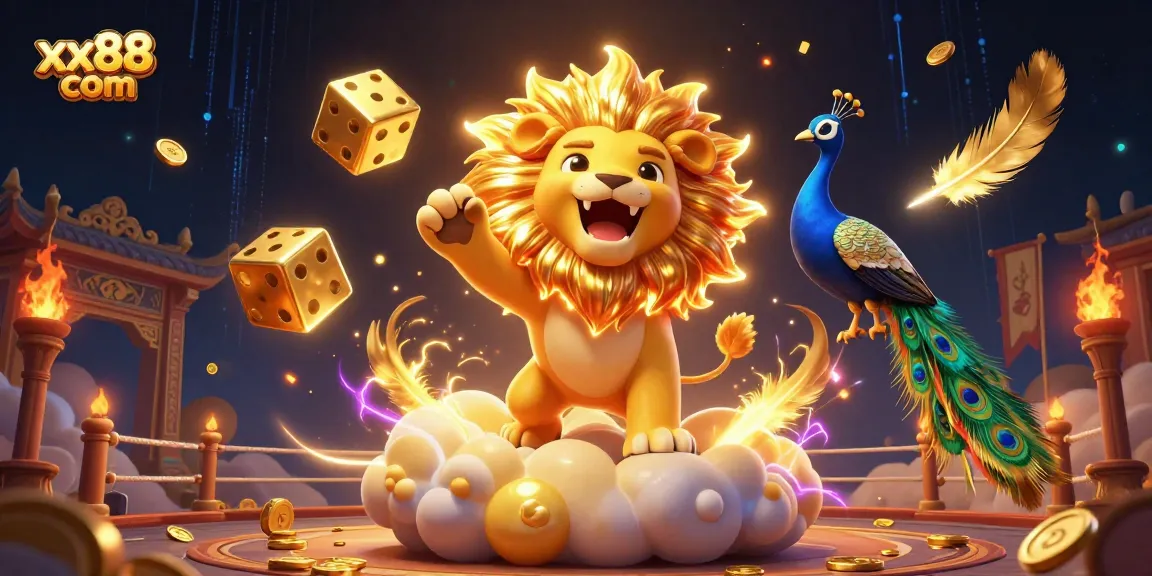Experience thrilling gameplay at xx88 com with this vibrant 3D casino illustration featuring a lion and dynamic elements.