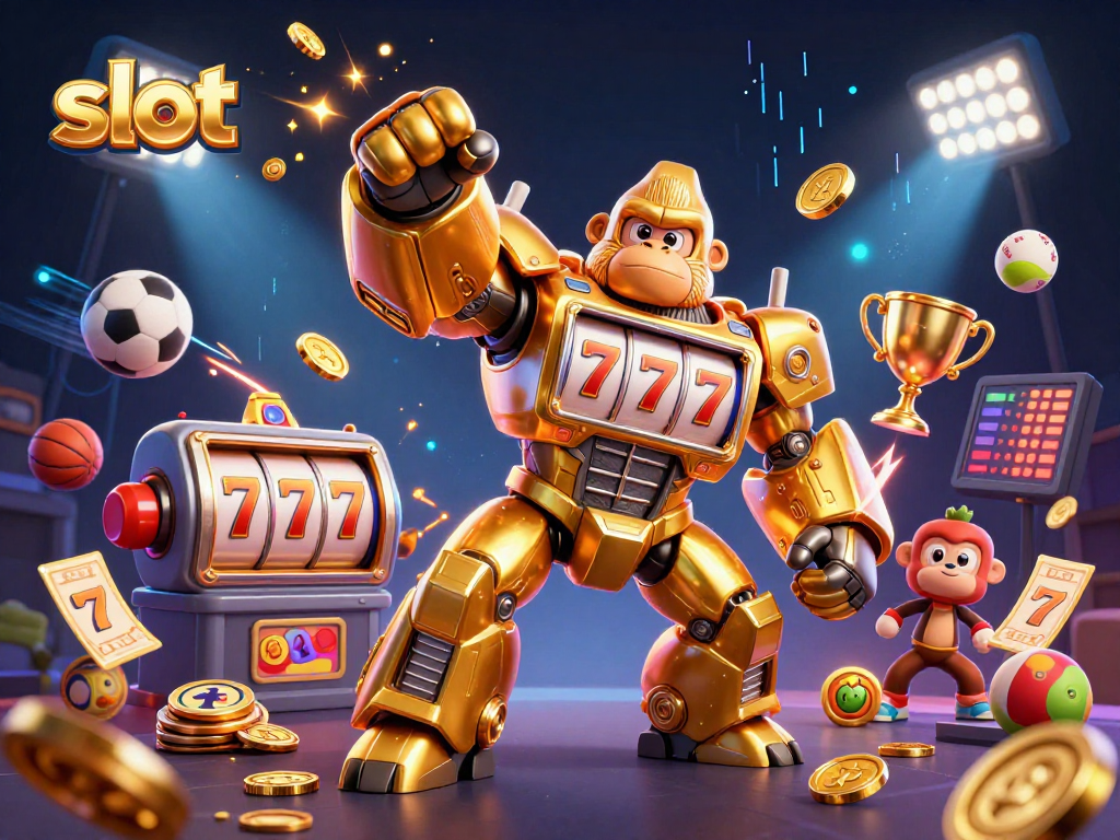Engage in thrilling slot adventures with a transformer-style gorilla mech, bursting coins, and vibrant casino elements.