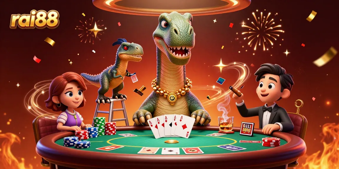 Experience the thrill of rai88 casino with a lively poker scene featuring animated dinosaurs.
