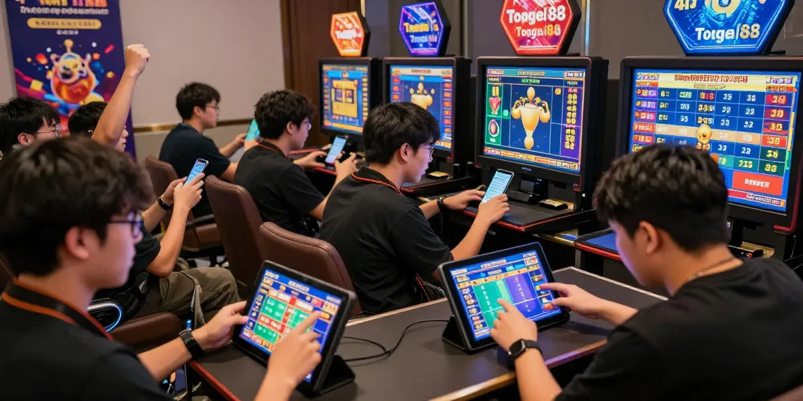 Excited players engaging with Bandar Togel 4D Resmi Togel88 gaming on mobile devices in a modern gaming lounge.
