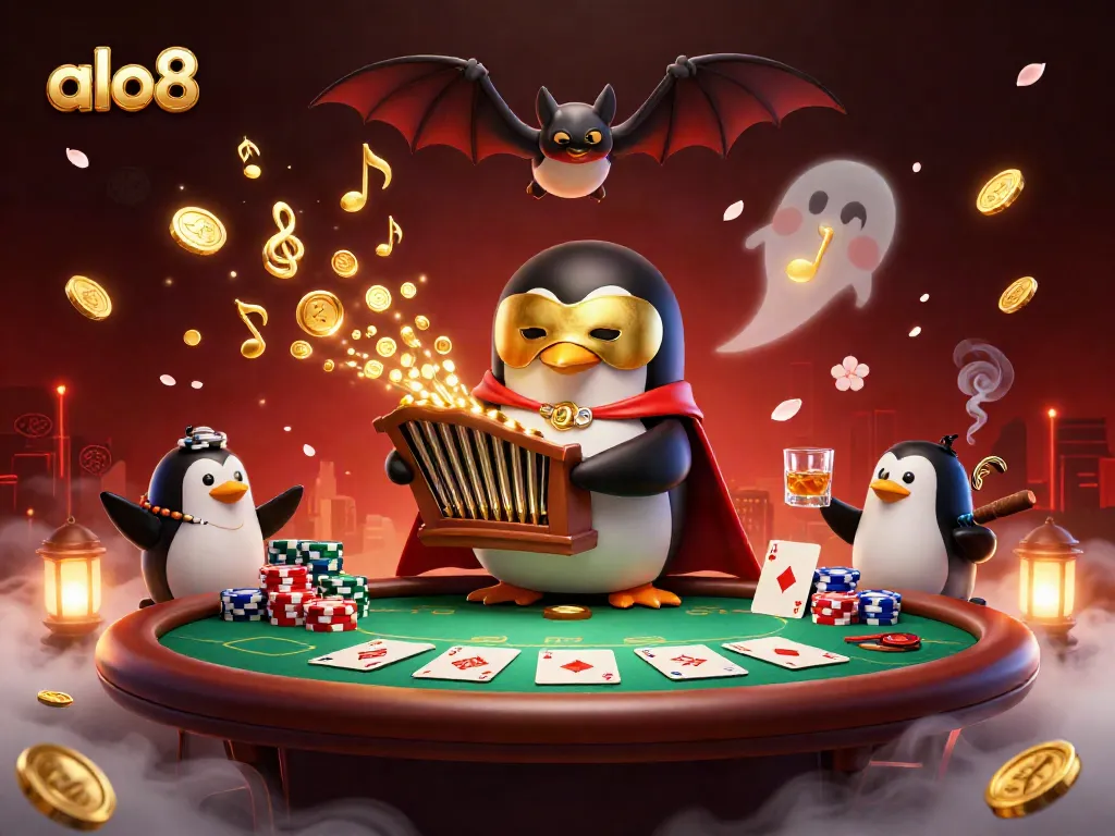 A lively scene of a 3D cartoon phantom opera penguin creating music at the organ while golden coins burst out, representing the thrilling experience at alo8.