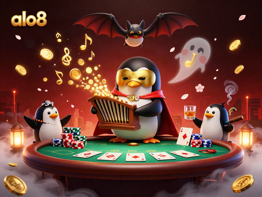 A lively scene of a 3D cartoon phantom opera penguin creating music at the organ while golden coins burst out, representing the thrilling experience at alo8.