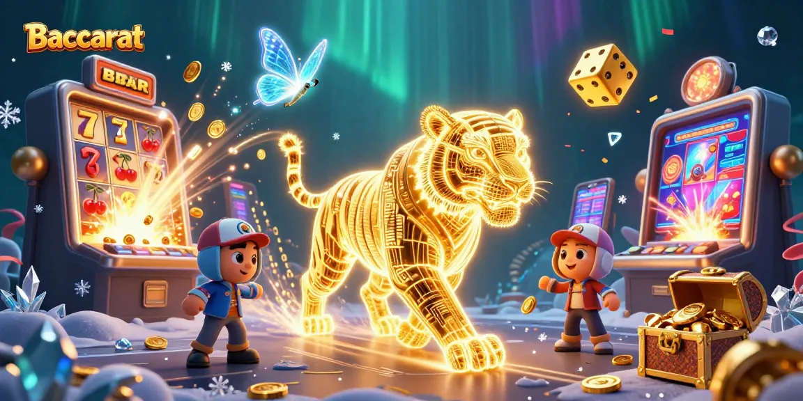Baccarat players enjoying a vibrant digital casino landscape, encountering a neon golden tiger amidst exciting game elements.