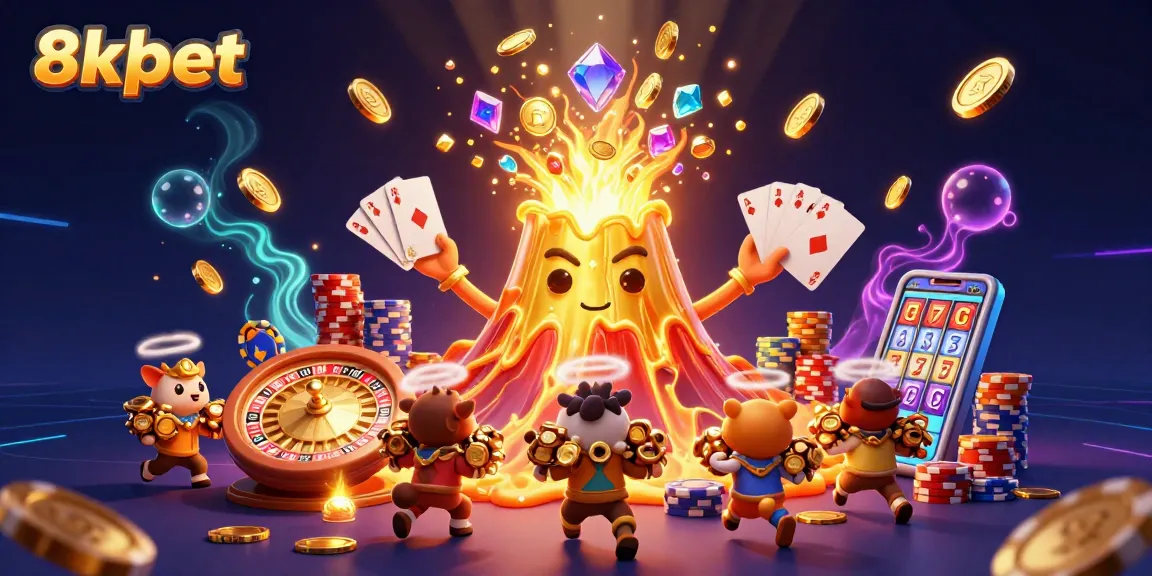 Experience the excitement of 8xbet with a dynamic scene of a golden volcano erupting treasures.